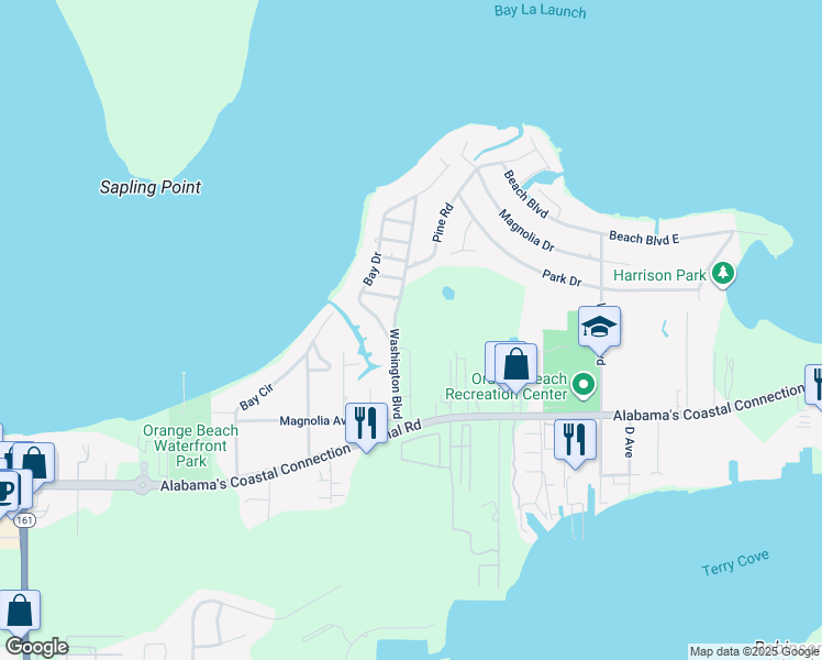 map of restaurants, bars, coffee shops, grocery stores, and more near 26981 Canal Road in Orange Beach