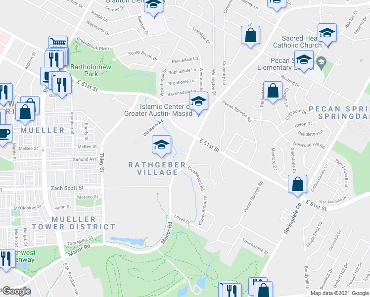map of restaurants, bars, coffee shops, grocery stores, and more near 2506 Manor Circle in Austin