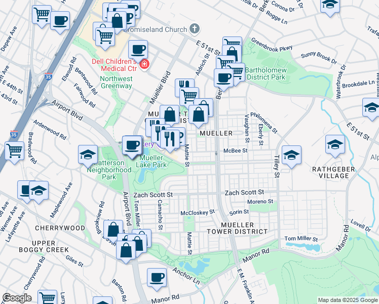map of restaurants, bars, coffee shops, grocery stores, and more near 4417 Mattie Street in Austin