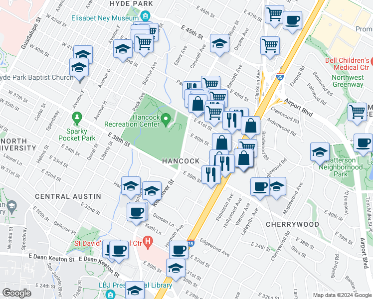 map of restaurants, bars, coffee shops, grocery stores, and more near 3901 Becker Avenue in Austin