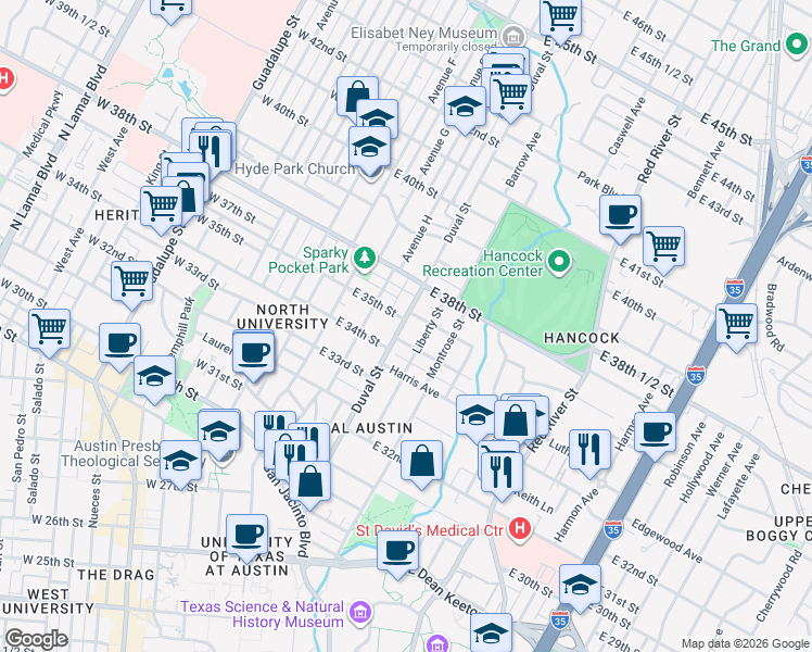 map of restaurants, bars, coffee shops, grocery stores, and more near 3406 Duval Street in Austin