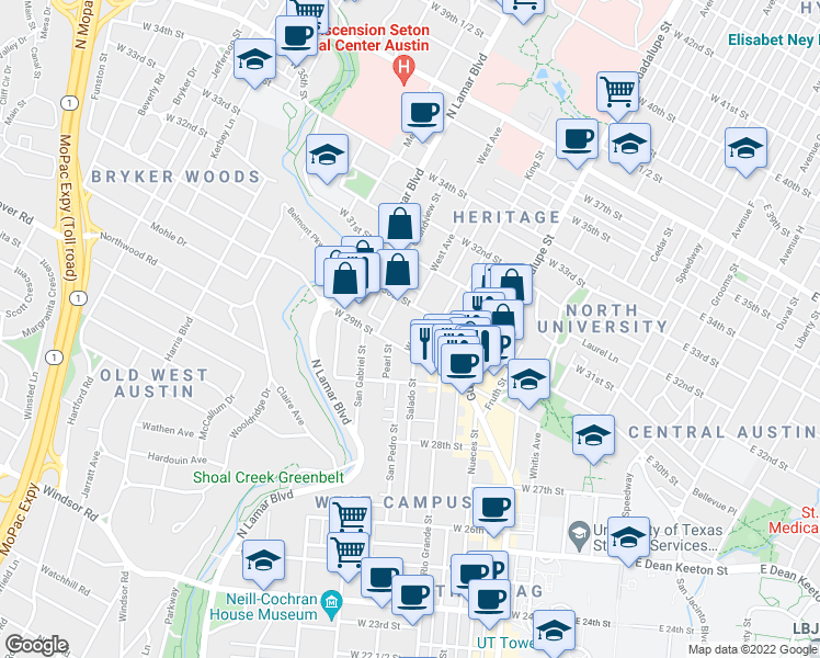 map of restaurants, bars, coffee shops, grocery stores, and more near 2907 West Avenue in Austin