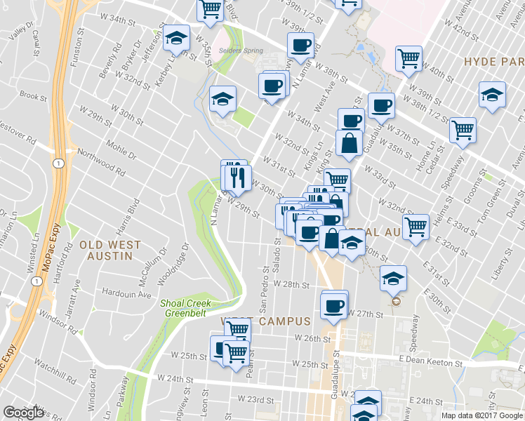 map of restaurants, bars, coffee shops, grocery stores, and more near in Austin