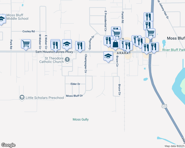 map of restaurants, bars, coffee shops, grocery stores, and more near 364 E Champagne Dr in Lake Charles