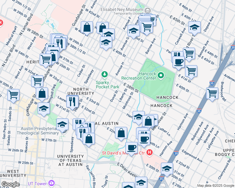 map of restaurants, bars, coffee shops, grocery stores, and more near 3406 Duval Street in Austin