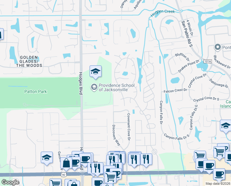 map of restaurants, bars, coffee shops, grocery stores, and more near 2897 Discovery Way in Jacksonville