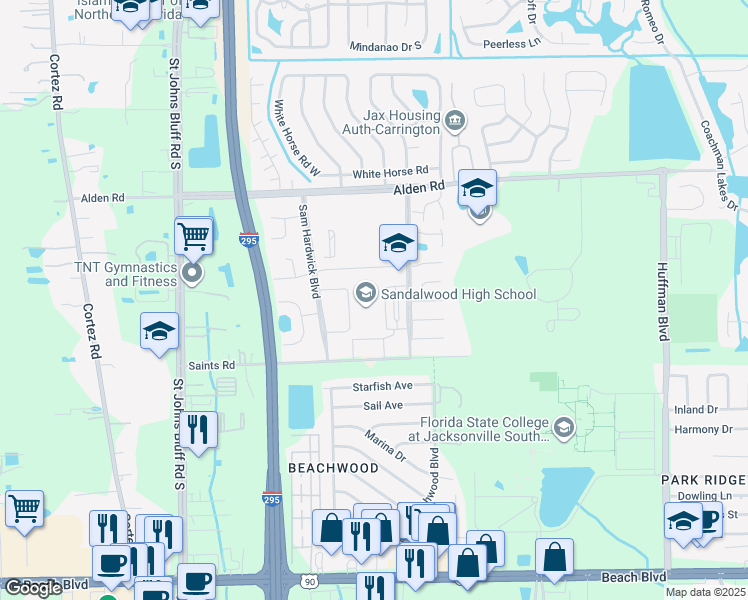 map of restaurants, bars, coffee shops, grocery stores, and more near 2750 John Prom Boulevard in Jacksonville