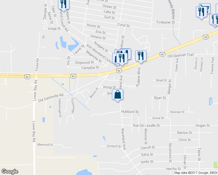map of restaurants, bars, coffee shops, grocery stores, and more near 188 Philip Drive in Waveland