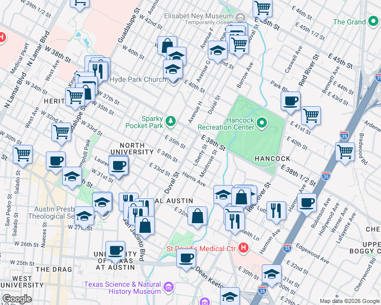map of restaurants, bars, coffee shops, grocery stores, and more near 3406 Duval Street in Austin