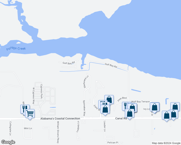 map of restaurants, bars, coffee shops, grocery stores, and more near 4640 Spinnaker Way in Orange Beach