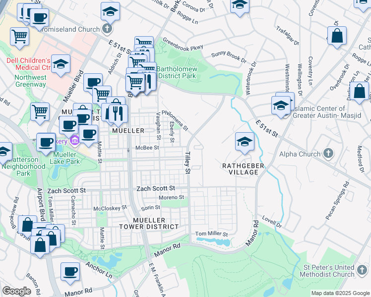 map of restaurants, bars, coffee shops, grocery stores, and more near 5004 Camacho Street in Austin