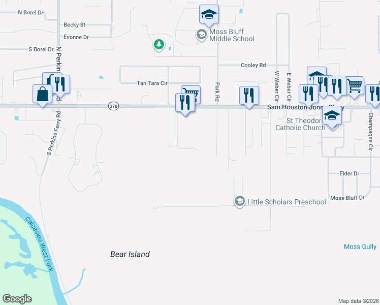 map of restaurants, bars, coffee shops, grocery stores, and more near 289 Sallengs Road in Lake Charles
