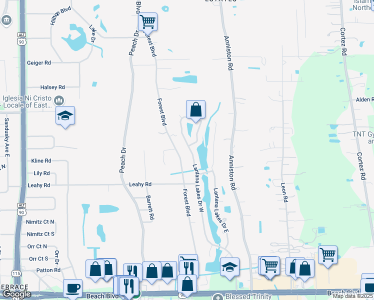 map of restaurants, bars, coffee shops, grocery stores, and more near 2750 Lantana Lakes Drive West in Jacksonville