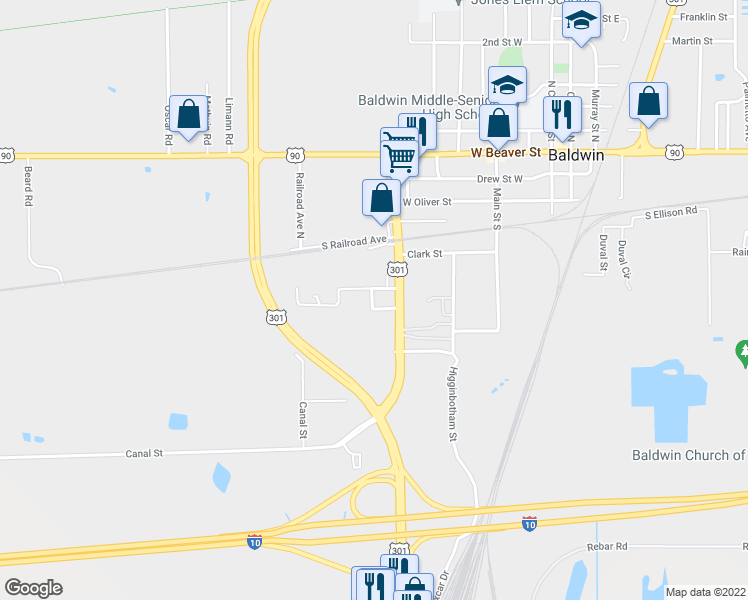 map of restaurants, bars, coffee shops, grocery stores, and more near 897 Boykins Lane in Baldwin