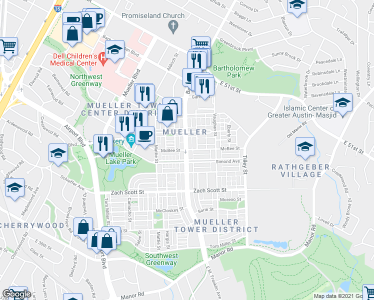 map of restaurants, bars, coffee shops, grocery stores, and more near McBee Street in Austin
