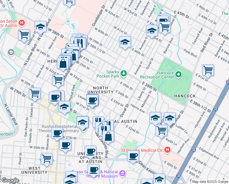 map of restaurants, bars, coffee shops, grocery stores, and more near 208 East 33rd Street in Austin