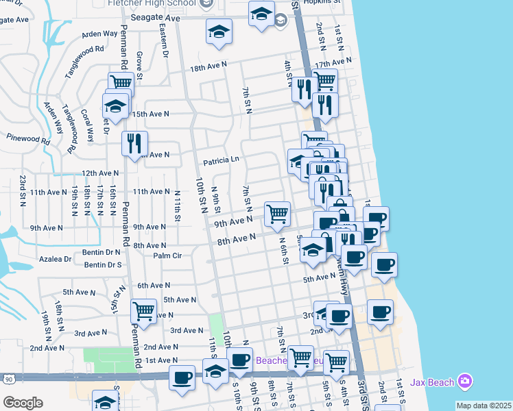 map of restaurants, bars, coffee shops, grocery stores, and more near 920 7th Street North in Jacksonville Beach