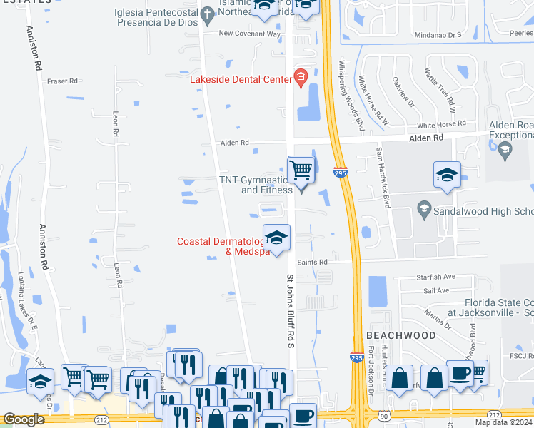 map of restaurants, bars, coffee shops, grocery stores, and more near 11311 Estancia Villa Drive in Jacksonville