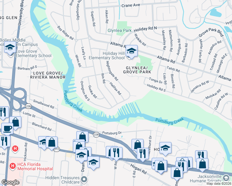 map of restaurants, bars, coffee shops, grocery stores, and more near 1234 Halifax Road in Jacksonville