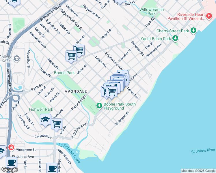 map of restaurants, bars, coffee shops, grocery stores, and more near 3602 Riverside Avenue in Jacksonville