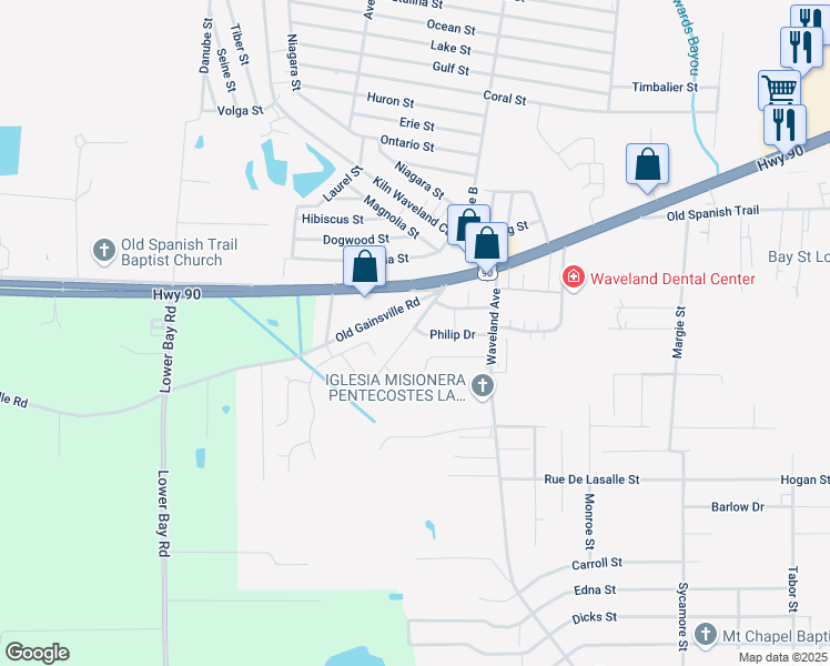 map of restaurants, bars, coffee shops, grocery stores, and more near 188 Philip Drive in Waveland