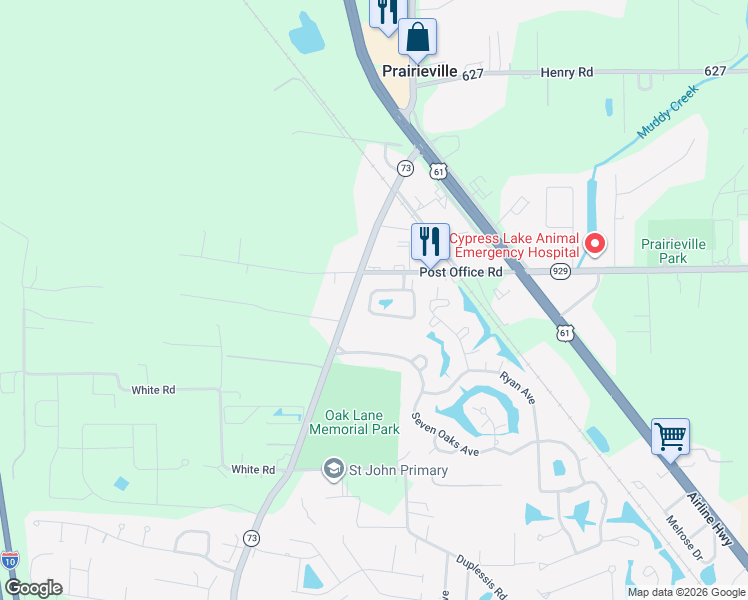 map of restaurants, bars, coffee shops, grocery stores, and more near 15448 Louisiana 73 in Prairieville