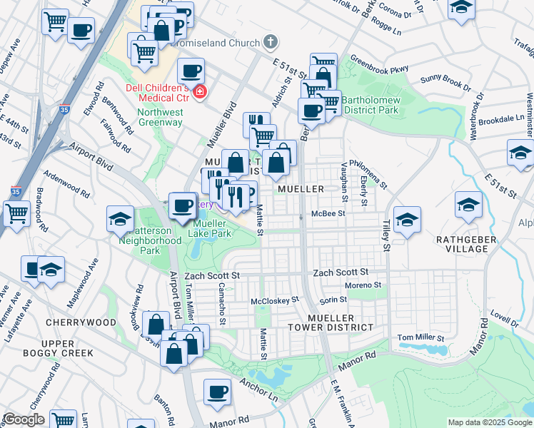 map of restaurants, bars, coffee shops, grocery stores, and more near 4417 Mattie Street in Austin