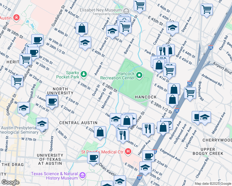 map of restaurants, bars, coffee shops, grocery stores, and more near 704 Texas Avenue in Austin