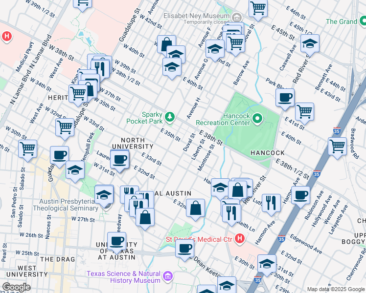 map of restaurants, bars, coffee shops, grocery stores, and more near 3406 Duval Street in Austin