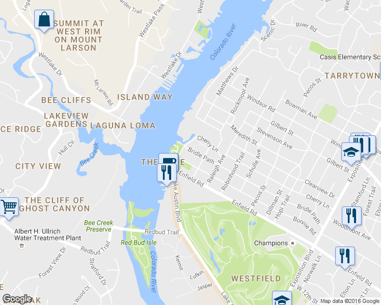 map of restaurants, bars, coffee shops, grocery stores, and more near 3705 Bridle Path in Austin