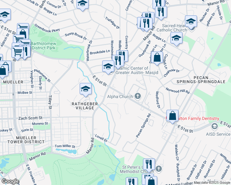 map of restaurants, bars, coffee shops, grocery stores, and more near 2909 East 51st Street in Austin