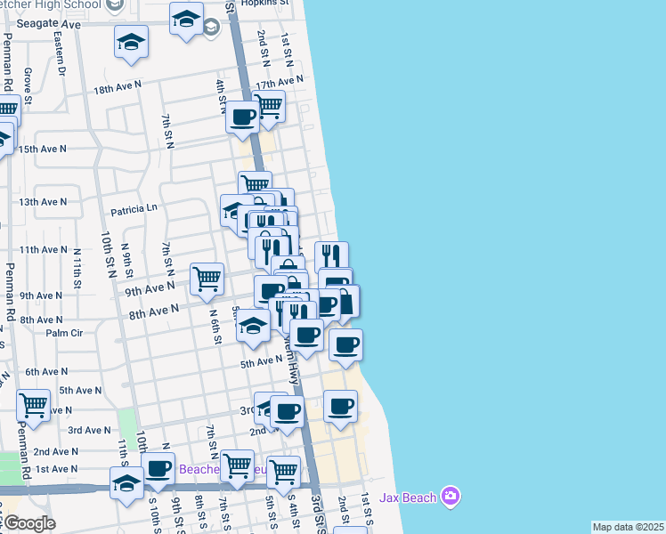 map of restaurants, bars, coffee shops, grocery stores, and more near 109 8th Avenue North in Jacksonville Beach