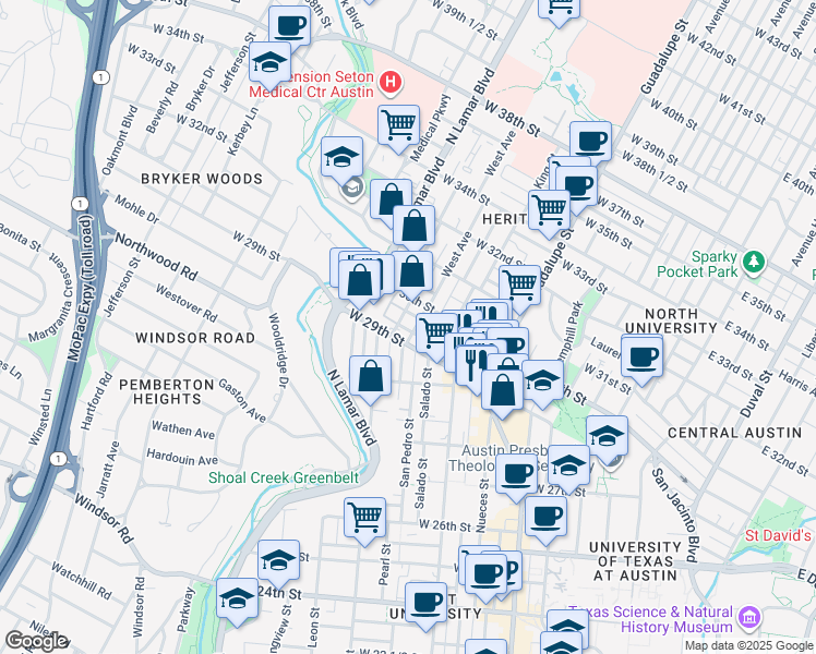 map of restaurants, bars, coffee shops, grocery stores, and more near in Austin
