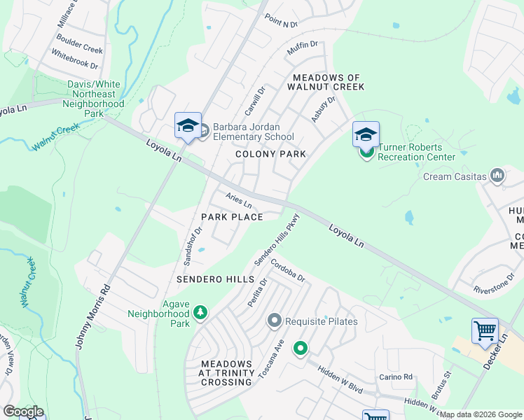 map of restaurants, bars, coffee shops, grocery stores, and more near 7004 Aries Lane in Austin