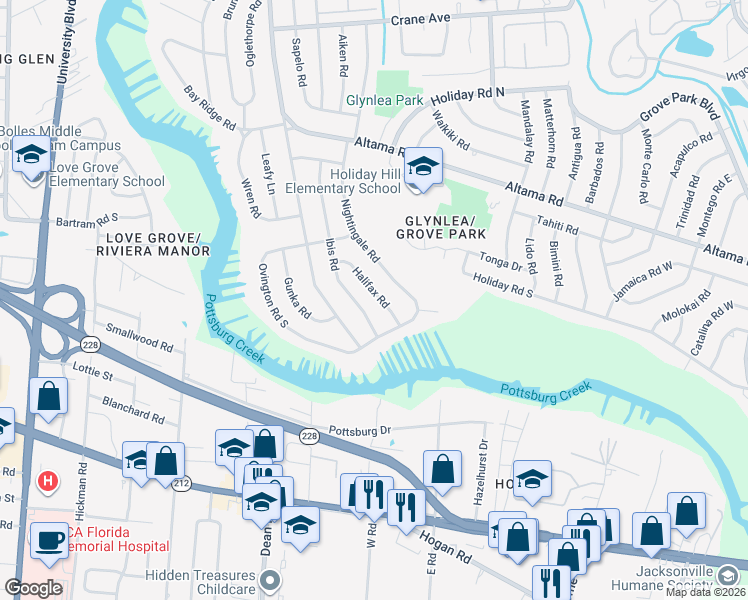 map of restaurants, bars, coffee shops, grocery stores, and more near 1234 Halifax Road in Jacksonville