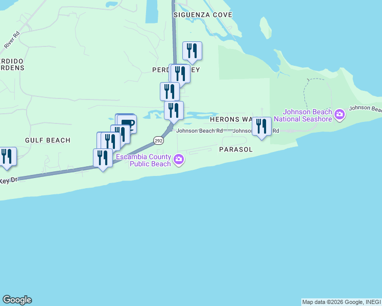 map of restaurants, bars, coffee shops, grocery stores, and more near 13575 Sandy Key Drive in Pensacola