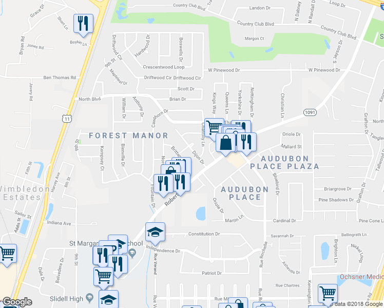map of restaurants, bars, coffee shops, grocery stores, and more near 113 Dijon Drive in Slidell