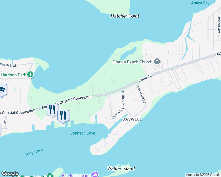 map of restaurants, bars, coffee shops, grocery stores, and more near 28295-28297 Canal Rd in Orange Beach