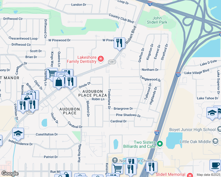 map of restaurants, bars, coffee shops, grocery stores, and more near 400 Rustling Pine Drive in Slidell