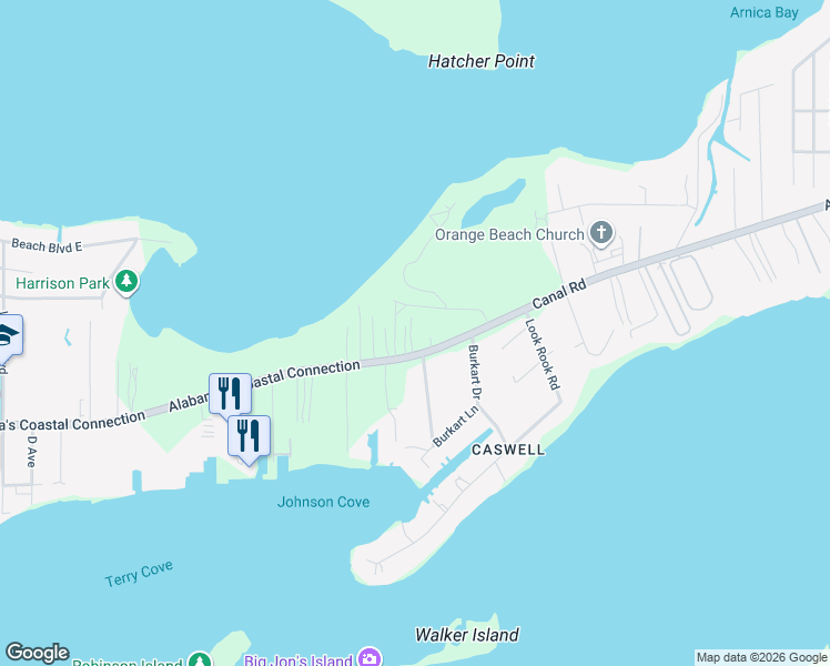map of restaurants, bars, coffee shops, grocery stores, and more near 28295 Canal Road in Orange Beach