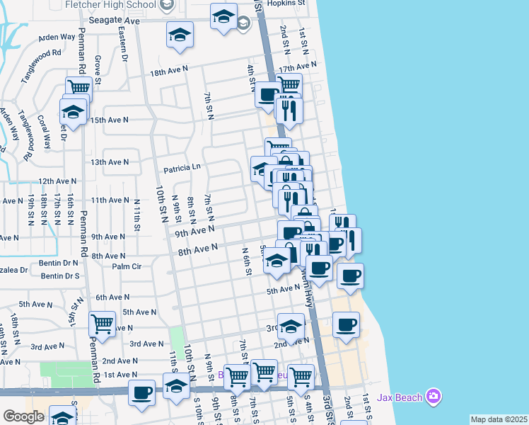 map of restaurants, bars, coffee shops, grocery stores, and more near 500 9th Avenue North in Jacksonville Beach