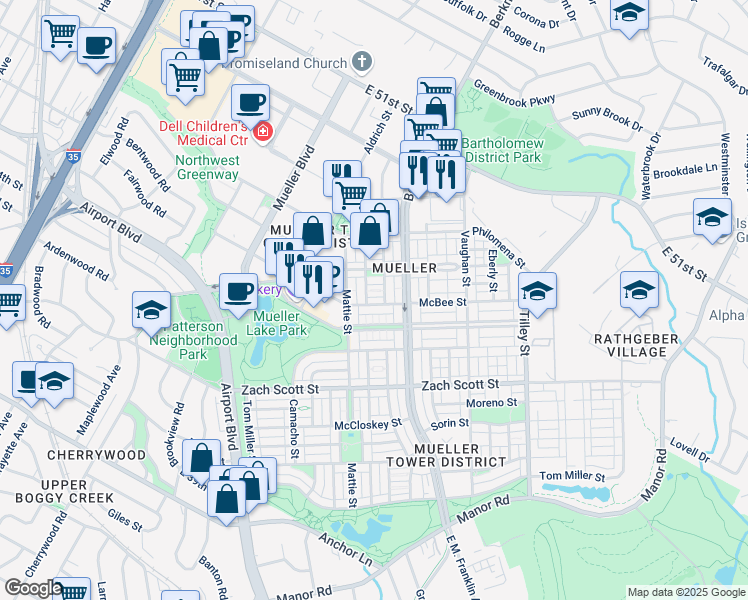 map of restaurants, bars, coffee shops, grocery stores, and more near 2121 McBee Street in Austin