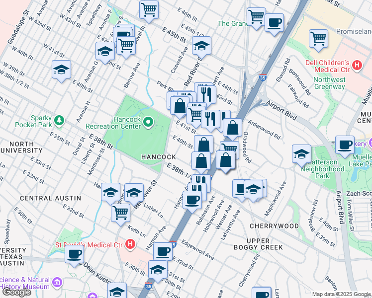 map of restaurants, bars, coffee shops, grocery stores, and more near 3910 Willbert Road in Austin