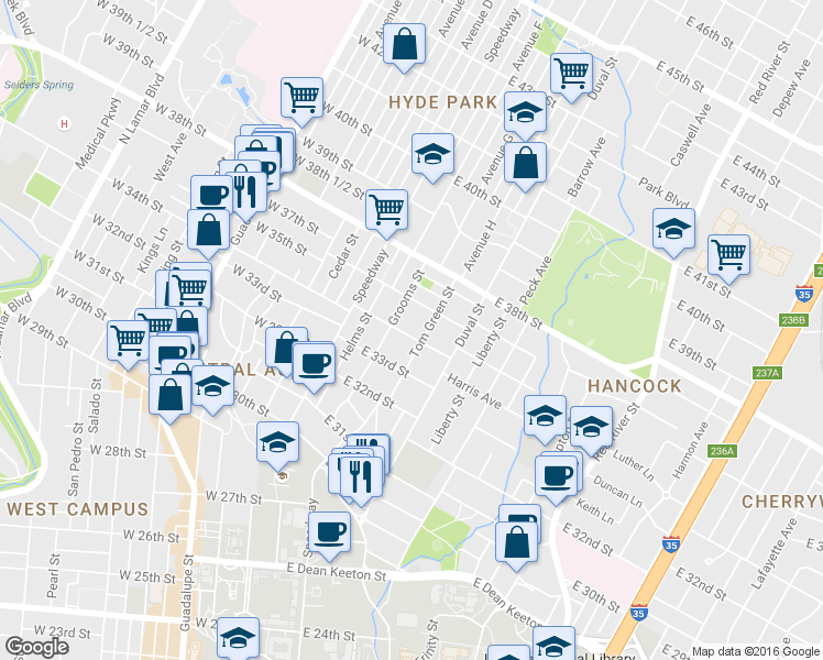 map of restaurants, bars, coffee shops, grocery stores, and more near 311 East 34th Street in Austin