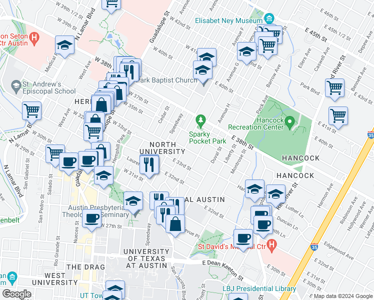 map of restaurants, bars, coffee shops, grocery stores, and more near 208 East 33rd Street in Austin