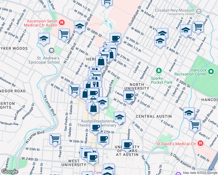 map of restaurants, bars, coffee shops, grocery stores, and more near 3108 Wheeler Street in Austin