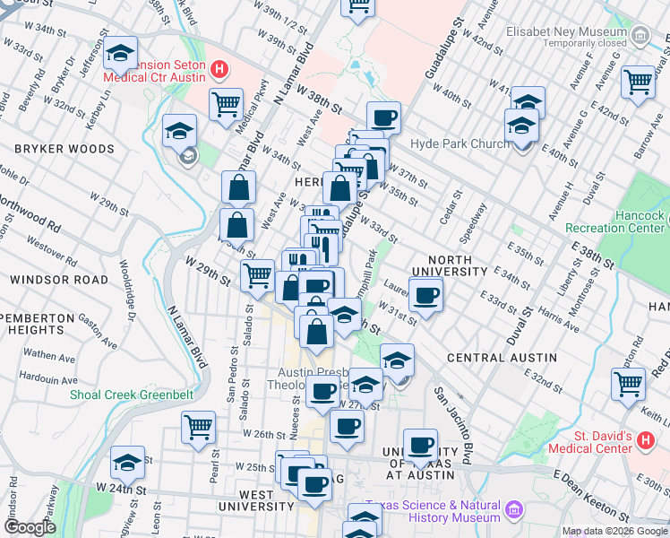 map of restaurants, bars, coffee shops, grocery stores, and more near 3023 Guadalupe Street in Austin