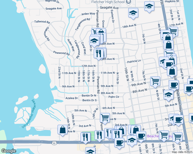 map of restaurants, bars, coffee shops, grocery stores, and more near 1126 Penman Road in Jacksonville Beach
