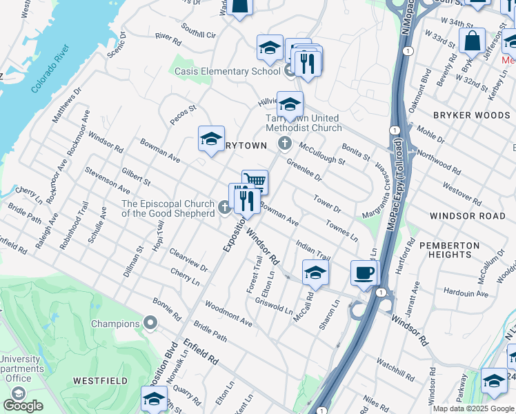 map of restaurants, bars, coffee shops, grocery stores, and more near 2425 Exposition Boulevard in Austin