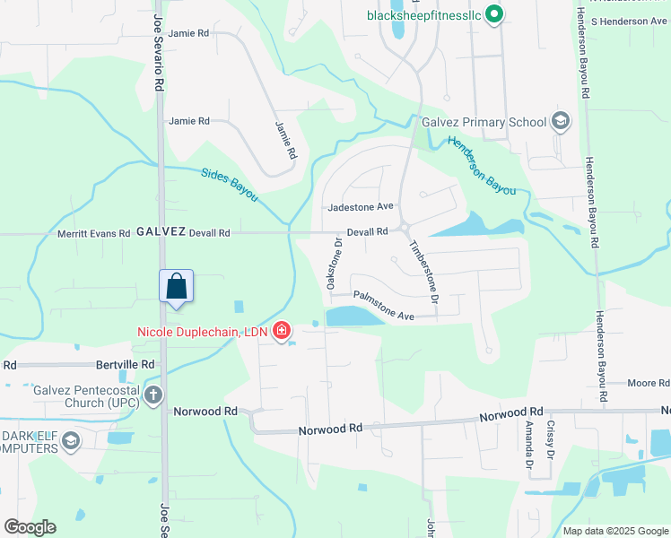 map of restaurants, bars, coffee shops, grocery stores, and more near 15484 Oakstone Drive in Prairieville